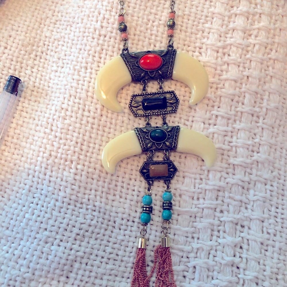 Bohemian Cream, Gold And Turquoise Pendant Necklace